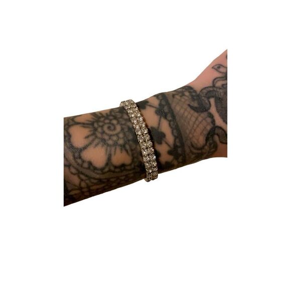 Rhinestone Stretch Cuff Bracelet Gemstones Silver Tone Bling Glam - Picture 5 of 10